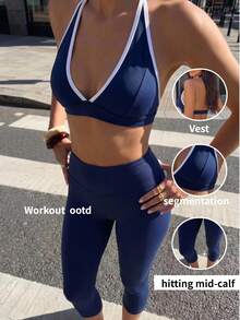 Bonvoyette 2pcs Set Spring/Summer New Halter Neck Color Block Solid Navy Blue Trim Backless Women's Workout Top Sports Set Gym Work Casual Modest - Navy Blue - View 7