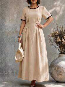 Ceyna Plus Size Women French Casual Elegant Cinched Waist Round Neck Short Sleeve Dress - Apricot - View 4