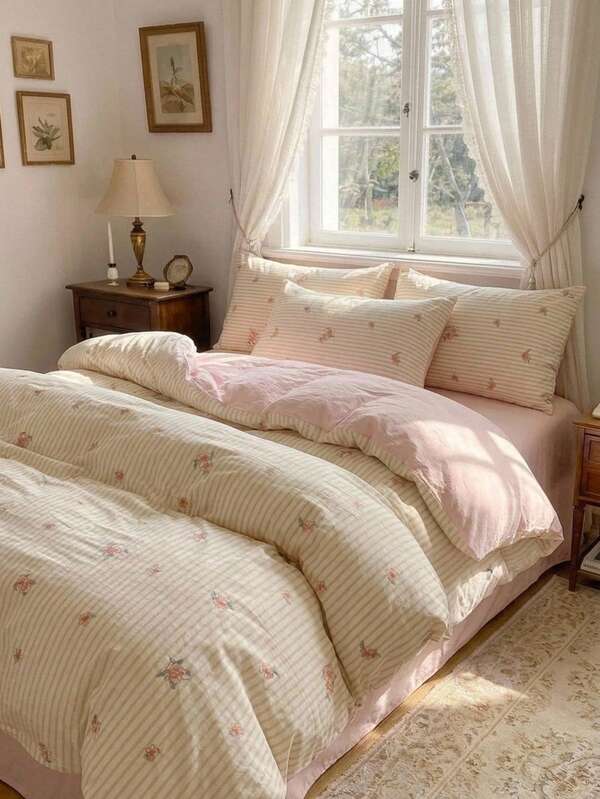 Joivida 3pcs Floral Striped Duvet Cover Set, Soft Polyester Reversible Beige & Pink Flower Bedding Set With Zipper Closure & 2 Pillow Shams (No Insert)
