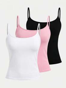 Girlism Camisetas de tirantes para niña preadolescente de color liso, casuales y versátiles para uso diario, 3 piezas/set, blanco, rosa rubor, negro, verano, vuelta al colegio - Multicolor - Ver 7