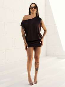 Maju Mazalli Cutout One Shoulder Short Sleeve Mini Dress, Loose Top Tight Bottom, Suitable For Young Ladies Night Dark Brown Summer Elegant - Coffee Brown - View 2