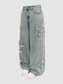 SHEIN MOD Women's Casual Washed Star Patchwork Denim Jeans Fall - Medium Wash - View 3