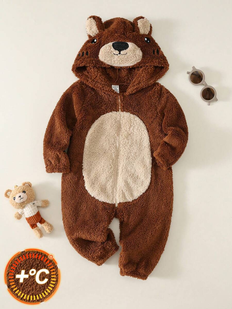 Baby Boy Cartoon Bear Pattern Colorblock Thermal Lined Thick Hooded Long Sleeve One-Piece Jumpsuit Fall And Winter Back To School Clothes
