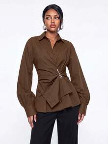 Avantive Women's Solid Color Metal Decor Casual Versatile Daily Wear Top - Brown - View 5