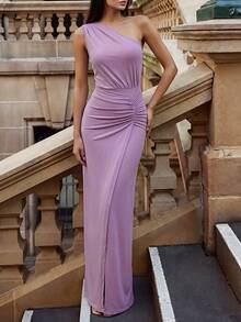 Firerie Gaun Bridesmaid Wanita dengan Desain Berkerut, Leher Asimetris dan Belahan, Gaun Malam Formal Elegan untuk Pesta Prom, Pernikahan, dan Acara Makan Malam Musim Gugur. - Lilac Purple - View 6