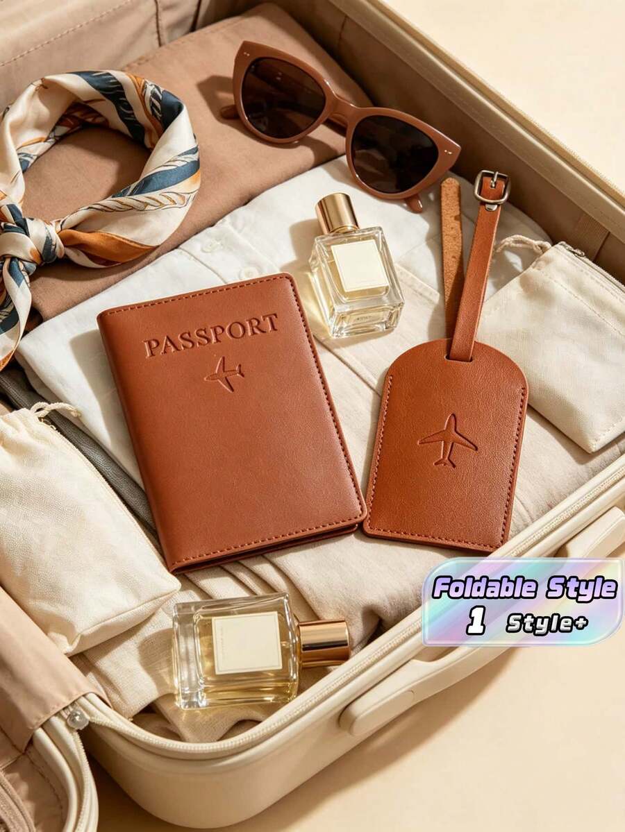 2Pcs/Set Travel Essentials Set – Personalized Synthetic Leather Passport Holder & Luggage Tag, Foldable Lightweight Snap Closure, Perfect For Vacation, Outing, Gift For Travelers - Multicolor - View 1