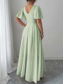 Elenzga Plus Size Women's V-Neck A-Line Chiffon Dress With Ruffle Sleeves, Simple Elegant And Romantic - Green - View 2