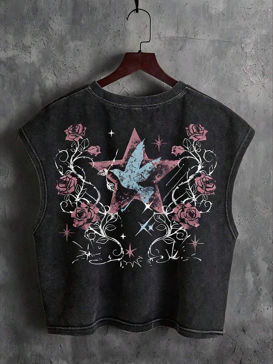 Manfinity ZONE917 Men's Floral Pentagram Print Casual Street Wear Versatile Daily Wear Day Top Dark Grey Summer, Holiday - Black - View 1