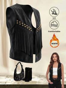 Yalmera Women's Suede Fringe Rivet Decor Boho Casual Jacket, Versatile For Daily, Vacation, Business, Beige, Sleeveless, Early Spring/Spring & Summer - Black - View 1