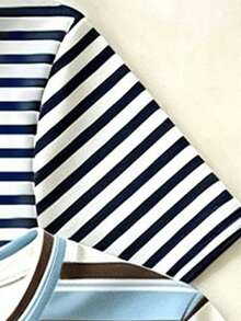 (3 Pcs) Summer Girls Big Kids Fashion Minimalist Blue Brown White Striped White Navy Striped Navy Solid Color Basic Waist Ruched Short Sleeve T-Shirt - Multicolor - View 4