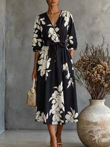 Rometta Plus Size Solid Color Print Cross Neck Short Sleeve Flowy Dress Wedding Day Wedding Guest Fall - Black and White - View 5
