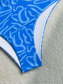 SHEIN Swim Mod 女款度假海灘全印花泳衣套裝 - 藍色 - 查看 7