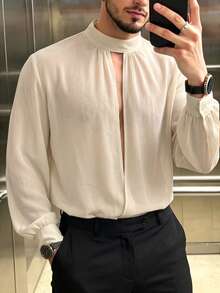 Manfinity Dauomo 男士寬鬆休閒交叉鏤空襯衫 - 杏色 - 查看 7
