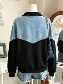 Lalippa Women's Half-Zip Front Denim Effect Print Colorblock Long Sleeve Sweatshirt - Multicolor - View 2