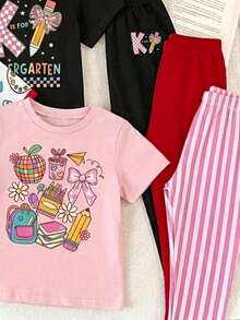 SHEIN 1 Set, 2 Pieces Sweet Back-To-School Style School Bus Print Cartoon Pencil Bow Short Sleeve Top And Pants Set, Randomly Sent 1 Set, Home And Outwear Set - Multicolor - View 3