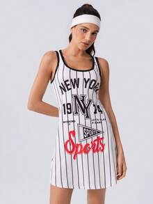 Loungeista Women's Striped Letter Print American Style Cool Tank Top Nightgown, All-Season Loungewear - White - View 6