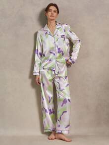 EverLounge Conjunto de Pijama de Cetim de Verão Feminino com Estampa Abstrata, Gola de Lapela, Manga Longa, Calça Longa Solta, Design de Nicho para Dormir em Casa - Multicolorido - Visão 5