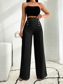 EURMUSE Pantalón palazzo de pierna ancha blanco con detalle de botón - Negro - Ver 4