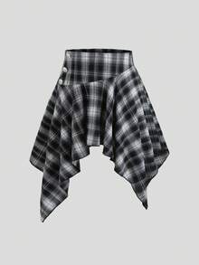 Sweetra Vintage Black And White Plaid Asymmetrical Design Women's Skirt - Black and White - View 3