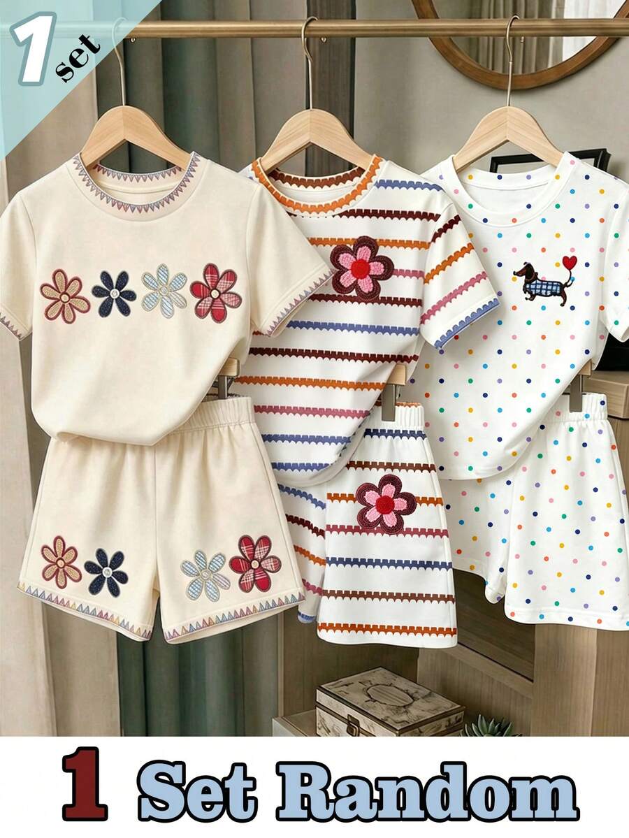 Souflis Souflis 1 Set Random Summer Fresh And Simple Girl's Brown Stripe Colorful Flower Pattern Printed Basic Short T Plus Shorts Set - Multicolor - View 1