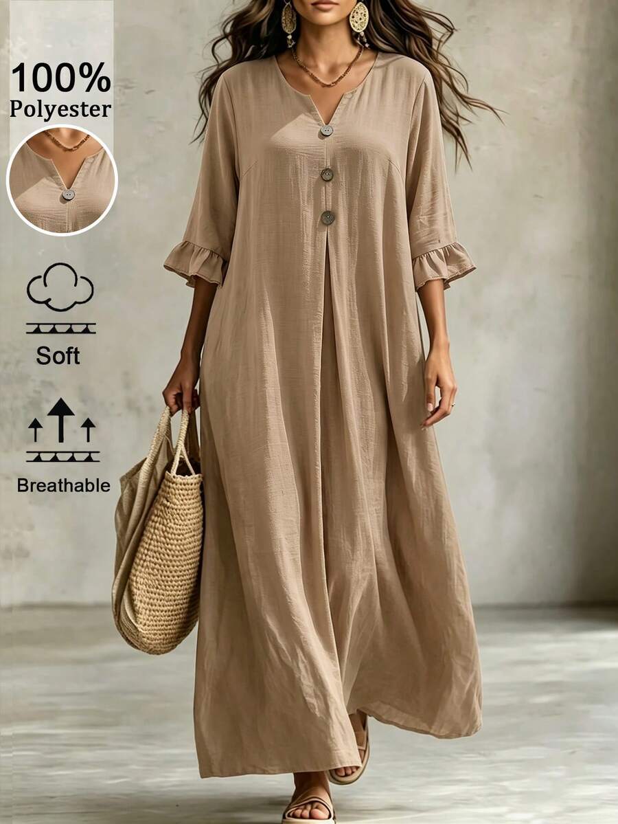 Linhara CURVE Women's Plus Size Notch V-Neck Mid-Length Sleeve Ruffle Design Long Dress, Spring Summer Autumn Winter Fall - Apricot - View 1