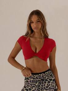 Aralina Women's Solid Color Twisted Knot Pleated Casual Daily Sports T-Shirt - Red - View 6