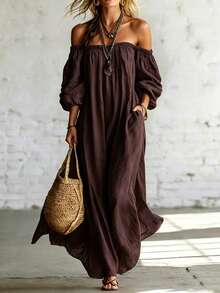 SHEIN Holidaya Women's Summer Khaki Textured Off-Shoulder Dress, Casual Loose Fit For Vacation - Brown - View 3