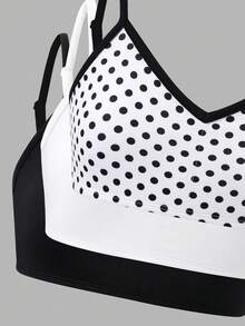 SHEIN Tween Girl Knit Solid Color Polka Dot Camisole Bra 3 Pieces Set - Multicolor - View 4