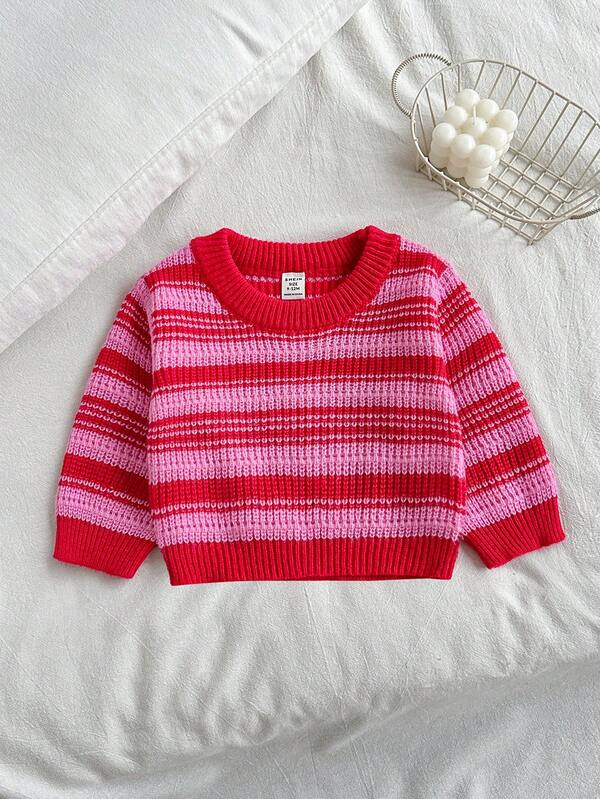 SHEIN Baby Girls Red Pink Striped Crew Neck Knit Sweater, Long Sleeve Pullover Top, Soft Casual Fall Winter, Toddler Clothes Christmas Halloween Daily Wear