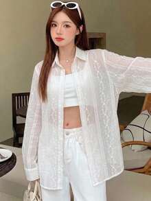 DAZY 優雅老錢風純色長袖春夏女款襯衫 - 白色 - 查看 3