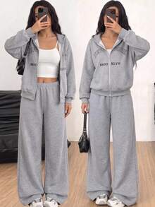 SHEIN 3件組女孩休閒極簡風背心＋短版拉鍊印花連帽外套＋寬腿褲套裝，適合日常穿著，灰色運動褲，女孩灰色運動服套裝，女孩寬腿運動褲 - 灰色 - 查看 2