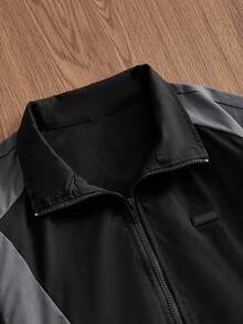 SWAVVY Men's Autumn Casual Colorblock Patchwork Jacket - Black - View 3