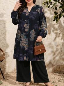 Al Najma Plus Size Women's Floral Print Notch V-Neck Long Shirt And Wide Leg Pants Arabian Set - Multicolor - View 4