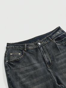ROMWE Grunge Punk Celana Jeans Flare Ukuran Plus dengan Bordir Mahkota dan Pita ala Gadis Milenium Y2K - Biru - View 4