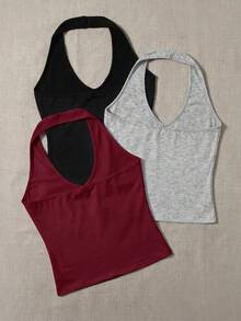 SHEIN EZwear 大尺碼女款純色修身百搭日常穿搭掛脖上衣 外出度假用 夏季性感款 黑色 紅色 銀色 - 紅色 - 查看 2
