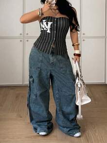 Maweii 大尺碼女款性感無肩帶鈕扣黑白條紋字母印花高彈性優雅上衣，適合日常通勤與派對 - 黑色 - 查看 4
