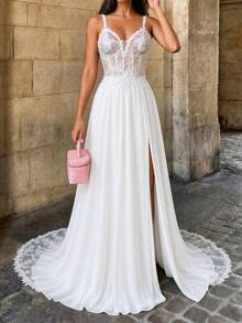 Firerie White,Summer,Elegant,Silky,Formal,Wedding Bride Luxurious Embroidery,Sequins,Lace & Chiffon Spliced Side High Slit, Open Shoulder Bridal Dress - White - View 4