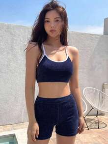 Livesso 女款夏季海灘拼色細肩帶比基尼與低腰三角褲兩件式泳衣套裝 - 藍色 - 查看 4