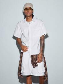 Modcrash Men's Black Utility Style Short Sleeve Shirt And Drawstring Cargo Shorts 2-Piece Set, Street Style With Branded Details - White - View 5