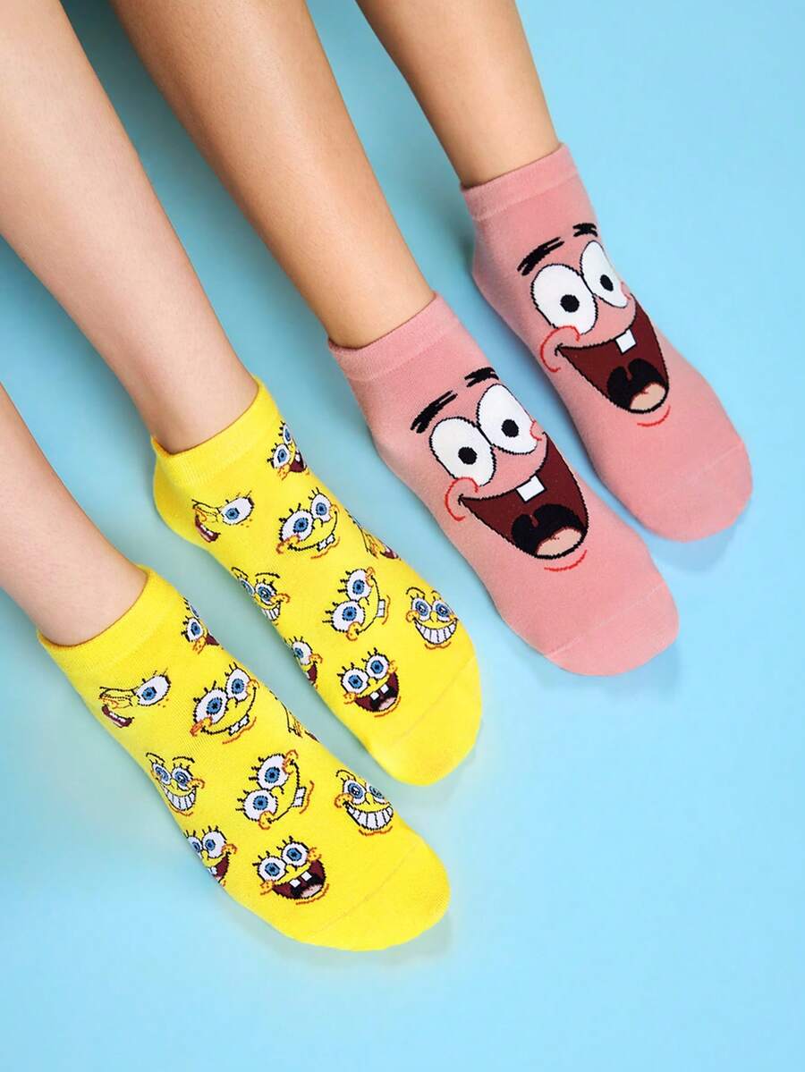 SpongeBob SquarePants | SHEIN 2 Pairs, Comfortable And Cute Cartoon Pattern Socks - color - View 1