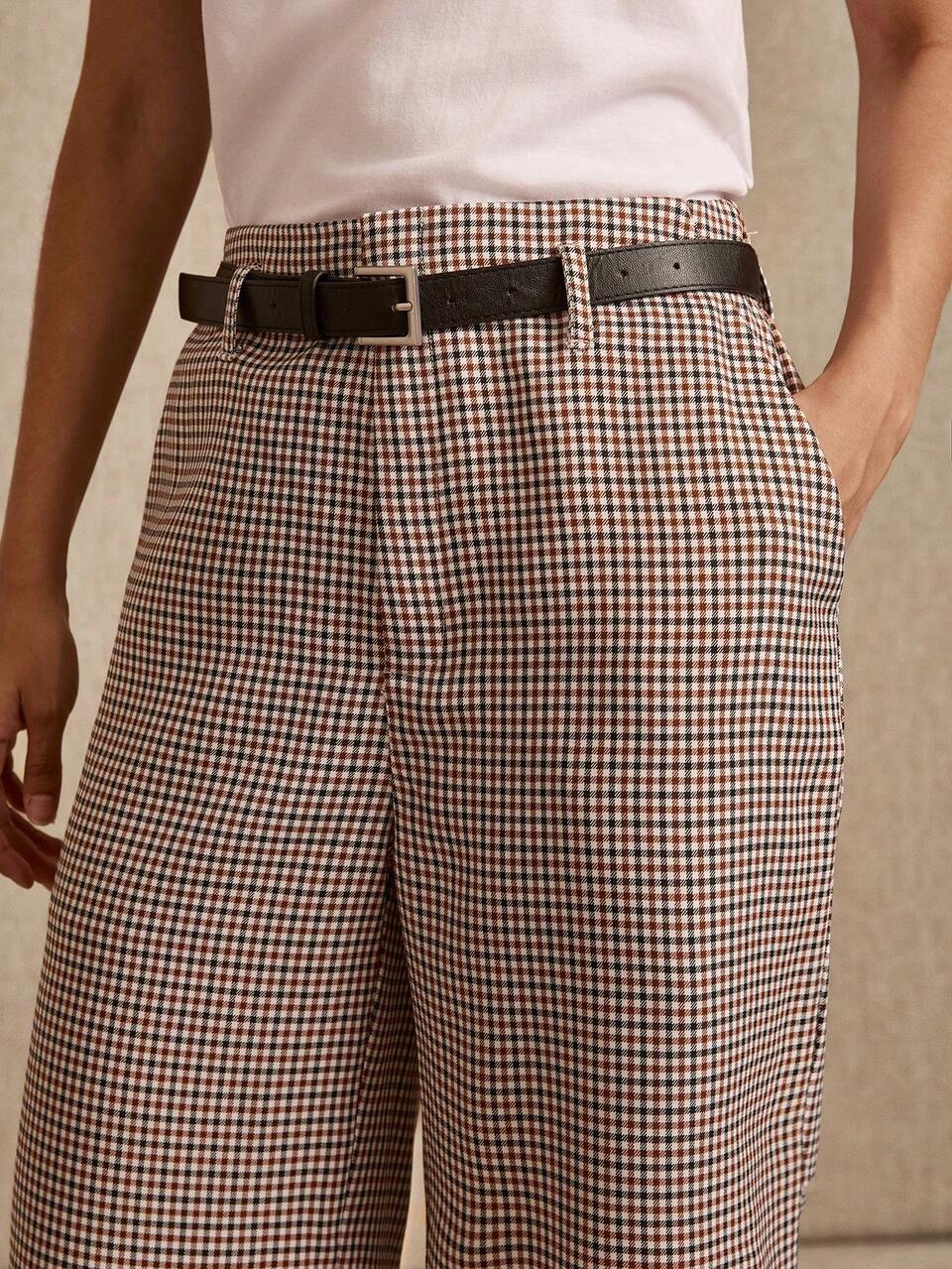 Vintage Brown And Black Checked Straight-Leg Pants With A High Waist And Black Belt Parisian Style