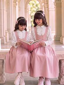 SHEIN Girls Arabic Elegant Princess School Uniform Ruffle Lace Blouse & Dress,Back-To-School,Cute,Vacation - Pink - View 1
