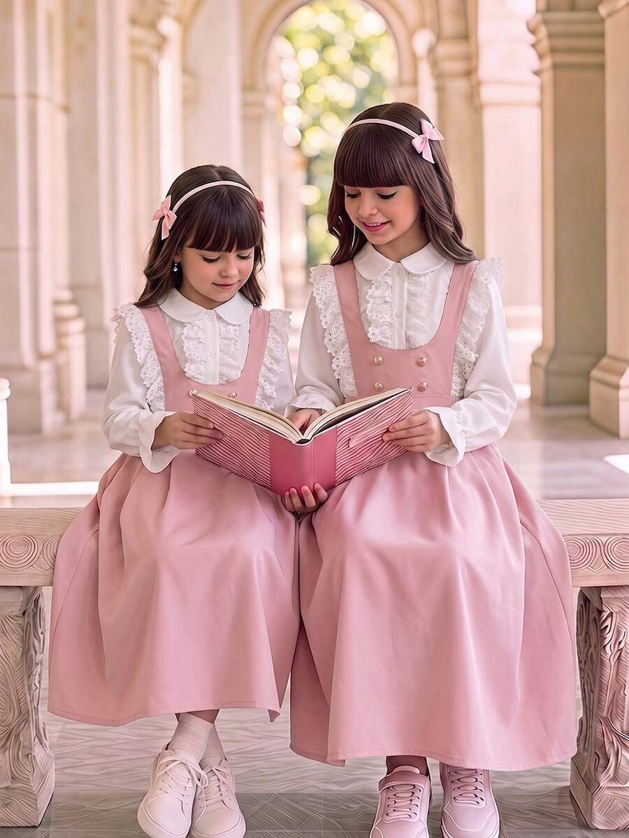 SHEIN Girls Arabic Elegant Princess School Uniform Ruffle Lace Blouse & Dress,Back-To-School,Cute,Vacation - Pink - View 1
