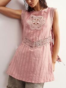 Bohemela Casual Solid Color Woven Patchwork Lace Loose Shirt - Dusty Pink - View 4