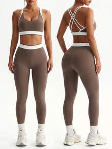 SHEIN Sports 女款露背掛脖背心與緊身褲運動套裝 - 棕色 - 查看 1