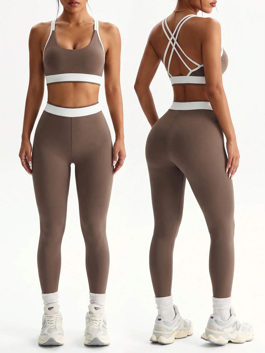 SHEIN Sports 女款露背掛脖背心與緊身褲運動套裝 - 棕色 - 查看 1