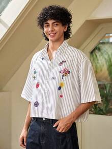 Whitmere Men's Striped Print Embroidered Front Button Short Sleeve Shirt, Summer - White - View 6
