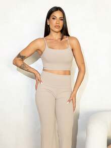 Maju Mazalli Bộ tập yoga 3 món nữ màu kaki, phong cách athleisure mùa hè, quần legging định hình bụng và áo khoác cổ cao có lỗ xỏ ngón cái, ôm sát, đồ thể thao - Màu Khaki - Xem 5