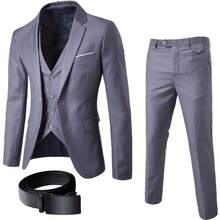 Men's Two-Piece Suit Plus Sizes One-Button, Pants Jacket And Belt Included In Plain Color, Ideal For Weddings Formal Events And Office. - Grey - View 7
