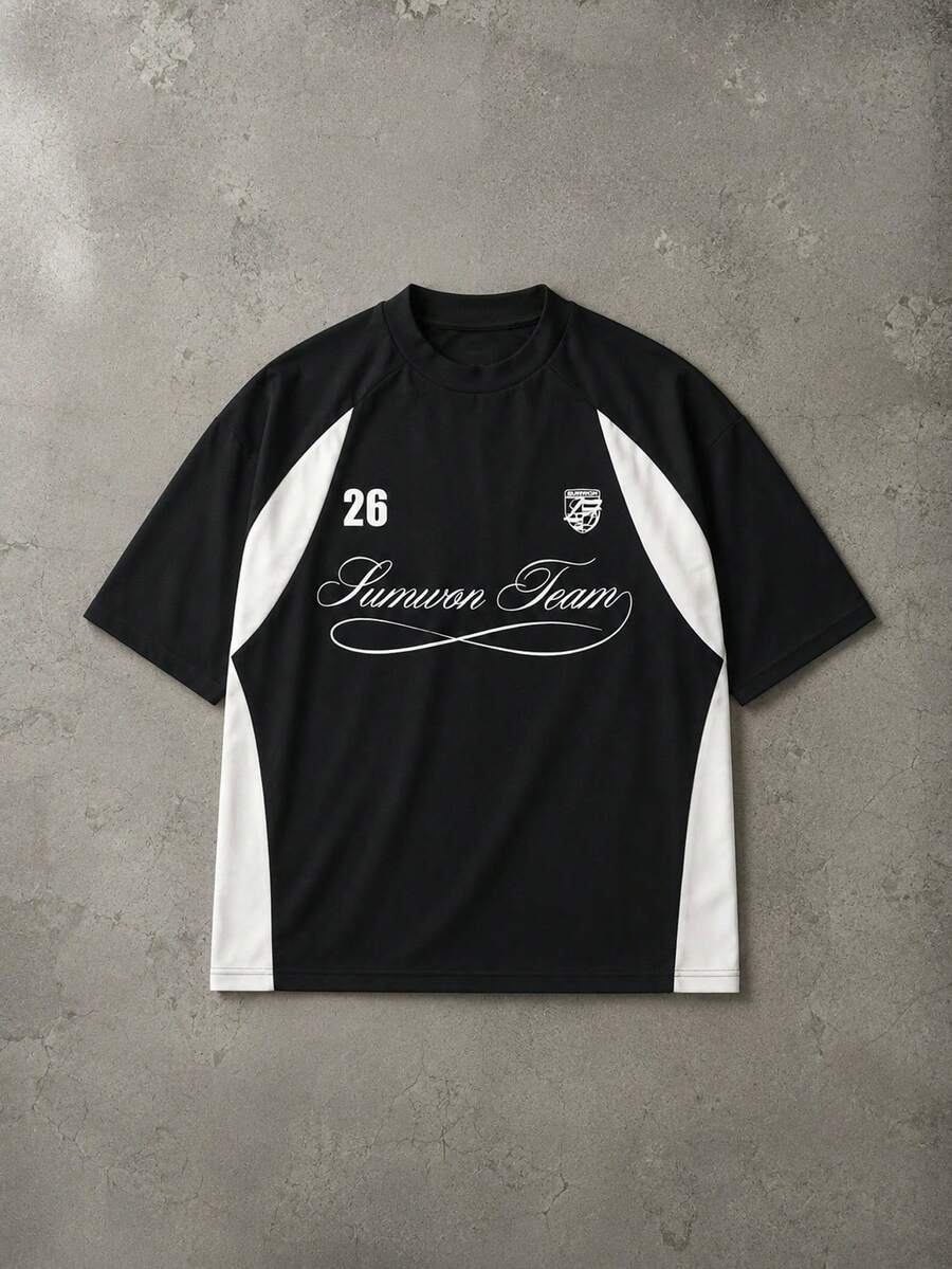 SUMWON Team 大廓型拼色球衣 T-shirt,草寫字母印花與 26 號圖案,圓領短袖上衣 - 黑色 - 查看 1